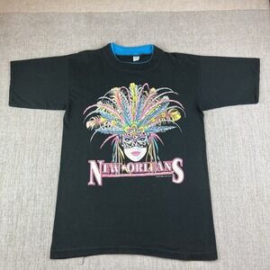 Vintage 90s New Orleans Mardi Gras T-Shirt Men's Medium Black Mask RollUp Sleeve